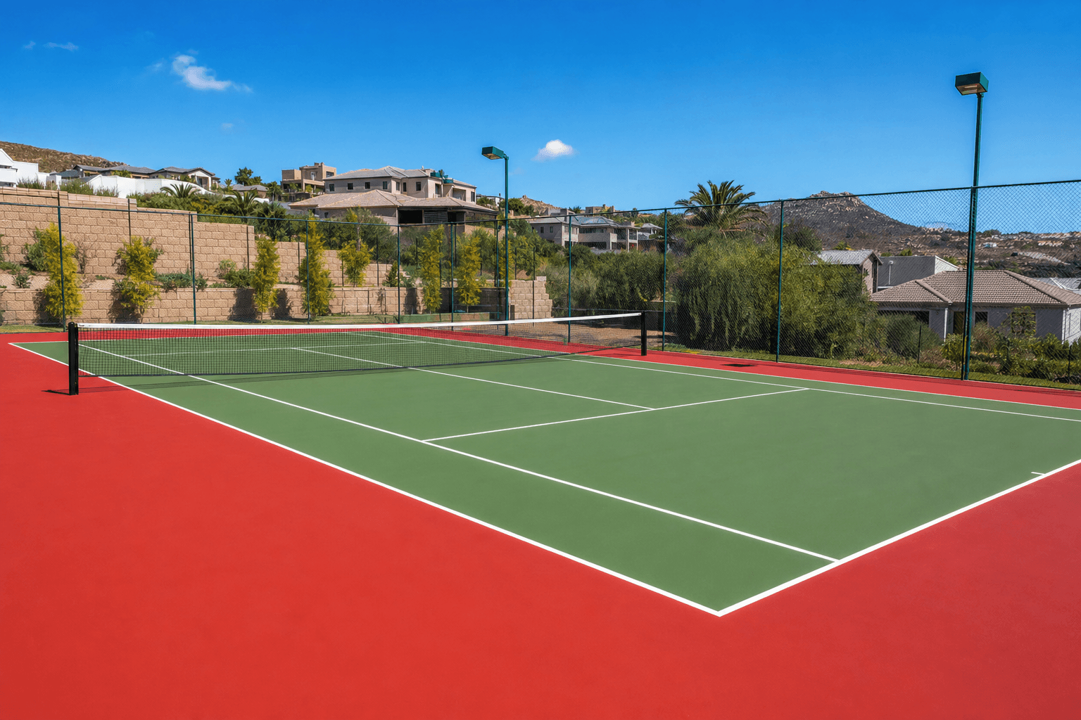 Newly constructed tennis court with red and green acrylic surface in Johannesburg