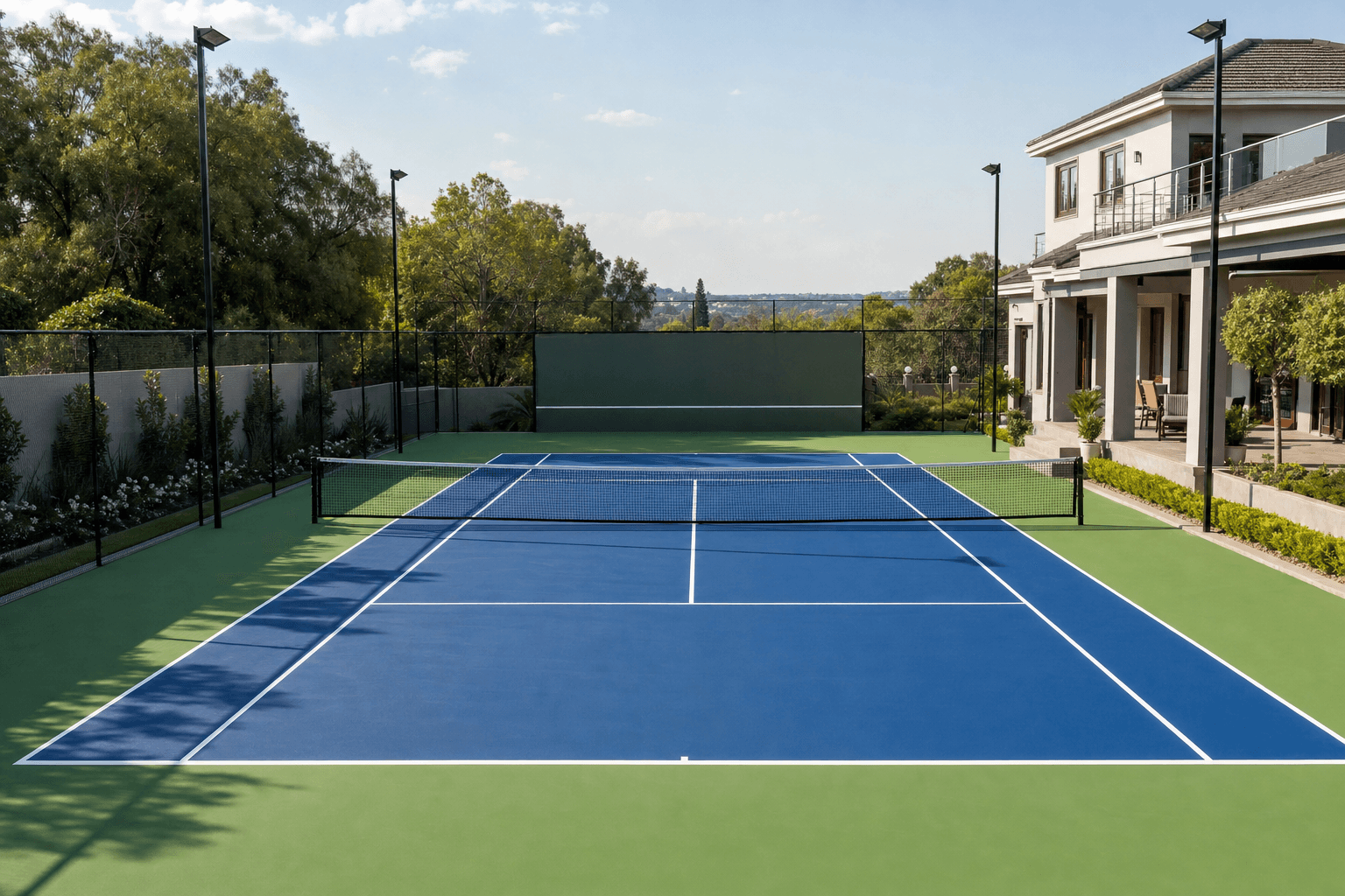 Finished tennis court with net and professional court markings
