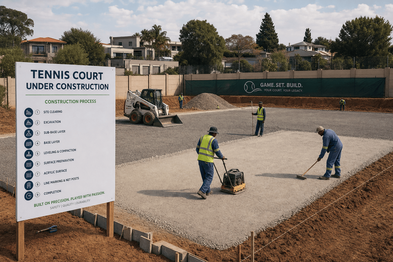 Tennis court base preparation and construction in progress