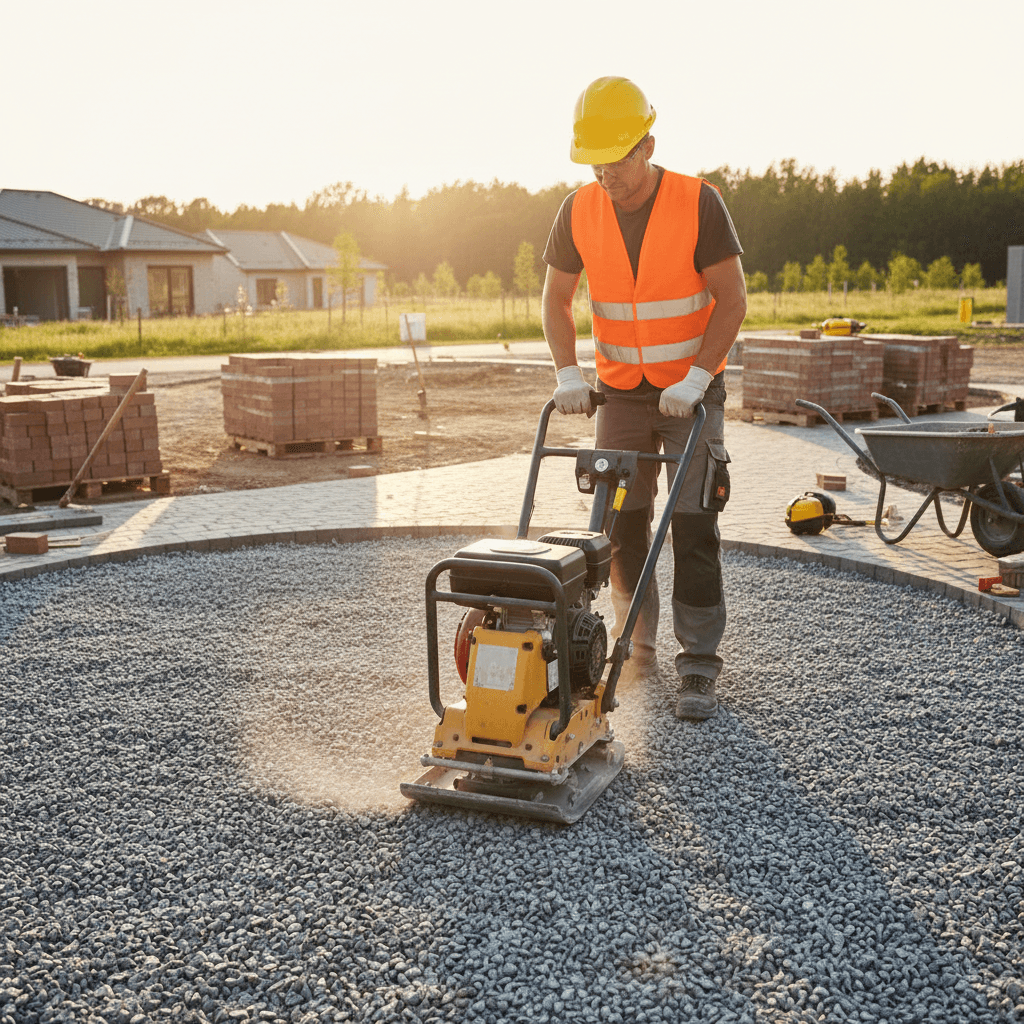 Worker compacting gravel base for brick paving