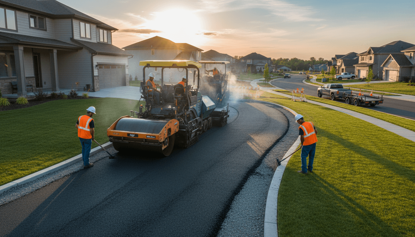 Construction crew paving a residential driveway with fresh asphalt and heavy equipment