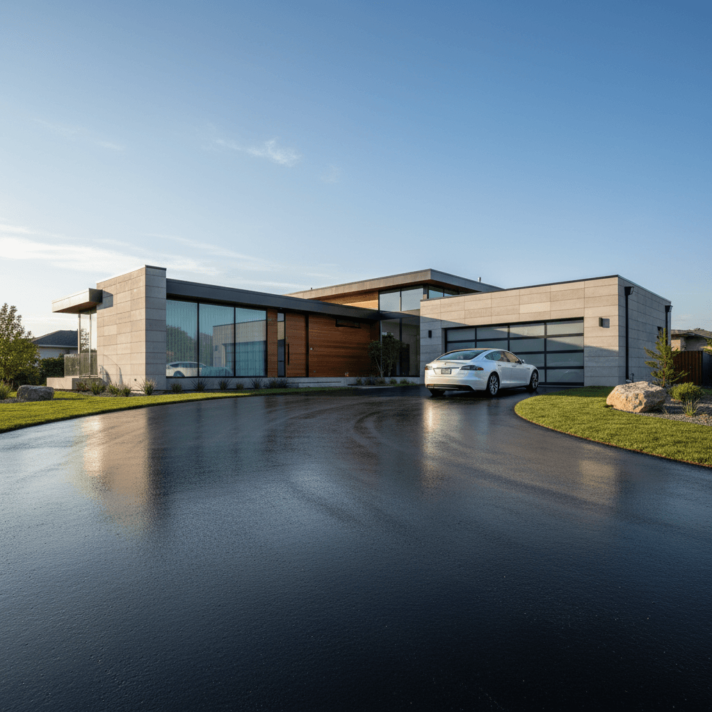 Smooth black tar driveway leading to a modern home