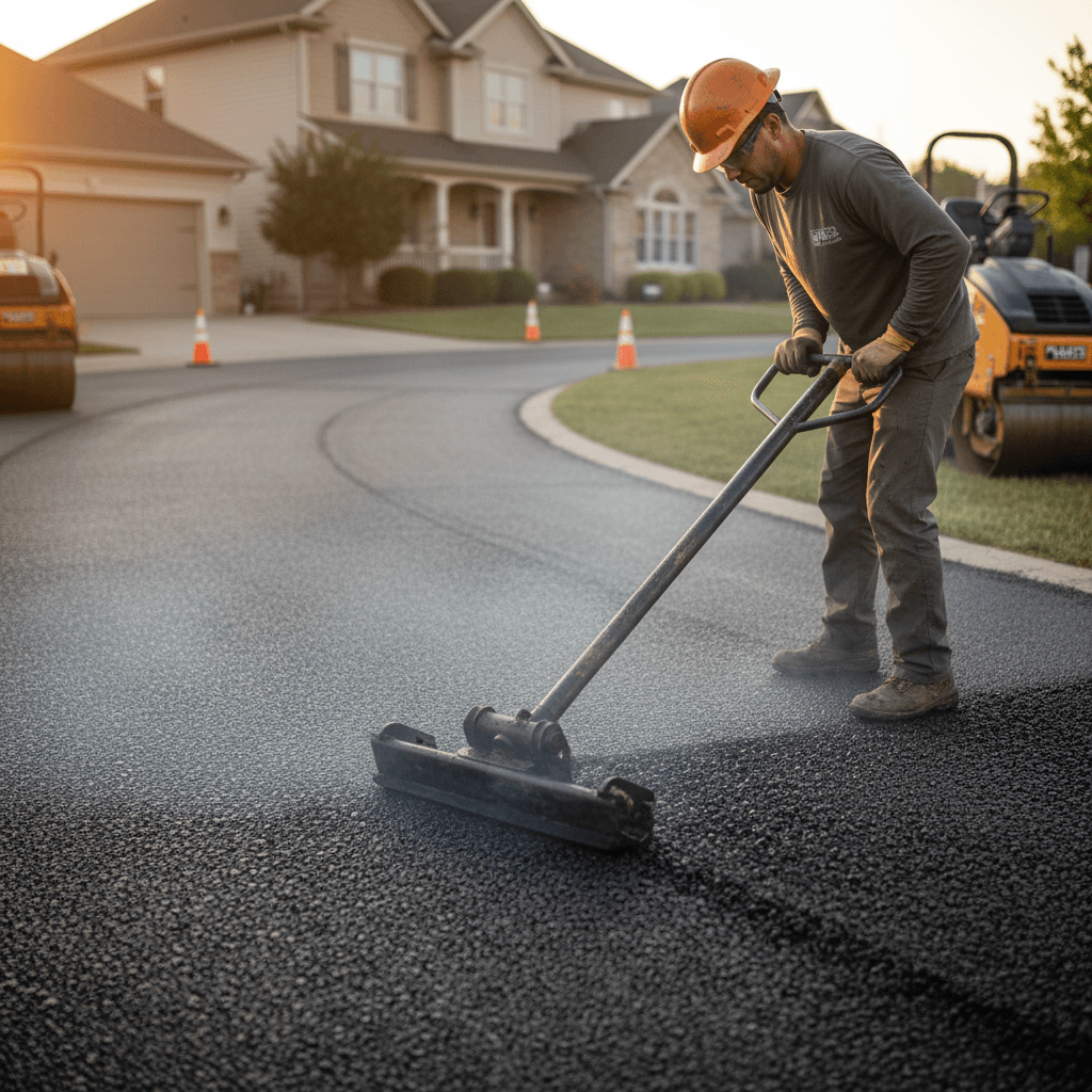 Close-up of smooth tar being applied on a driveway