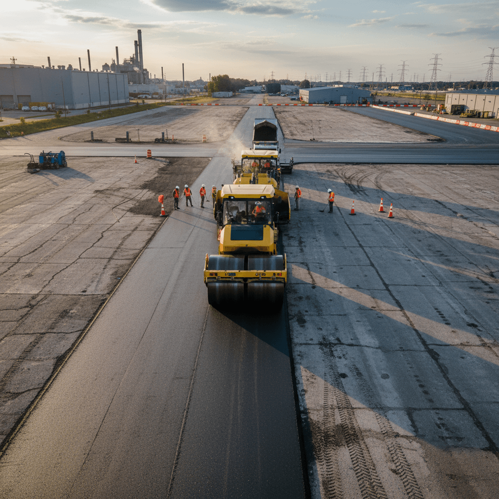 Industrial parking lot during tar paving with roller machine