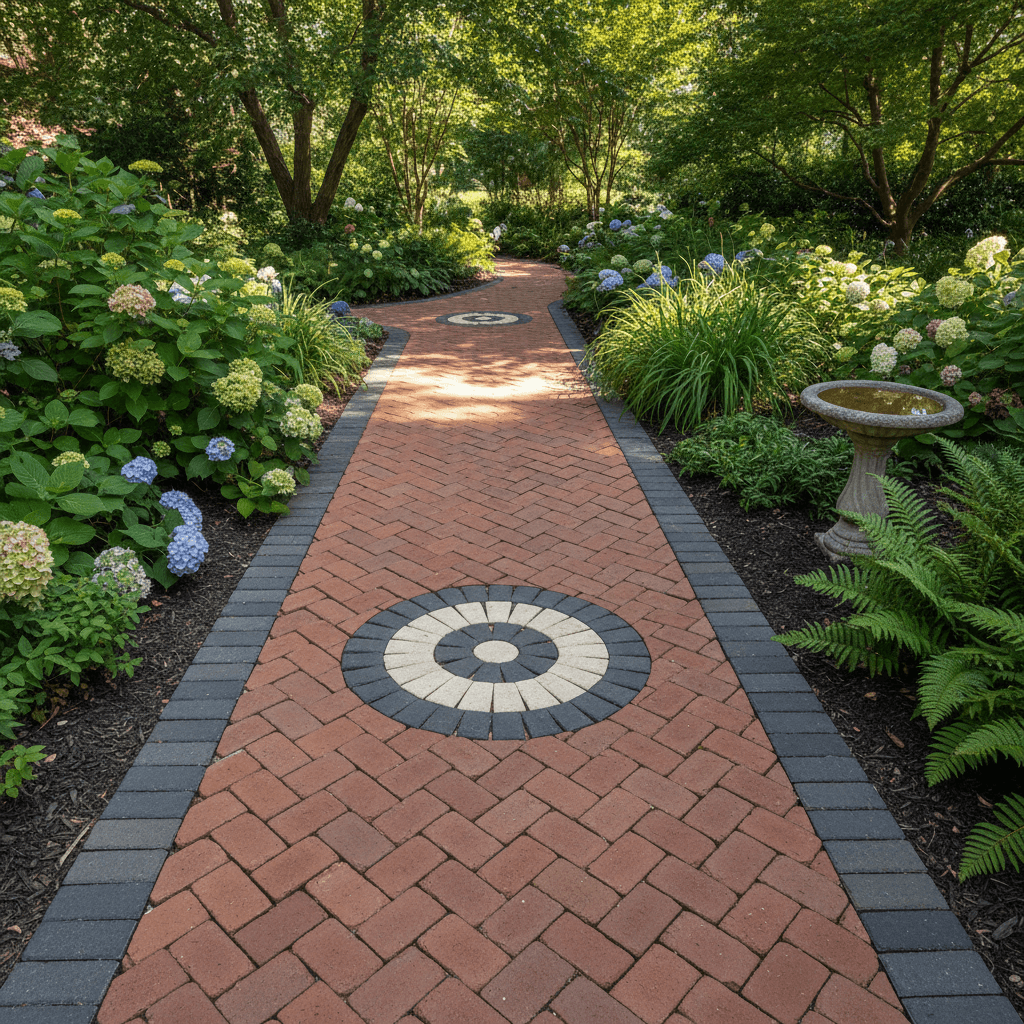 Decorative brick paving pathway with herringbone pattern