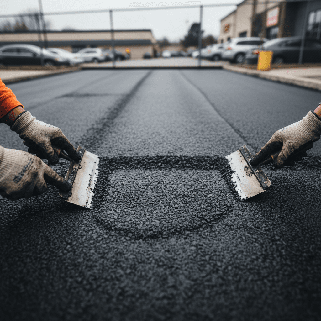 Tar paving crew laying asphalt on a residential driveway