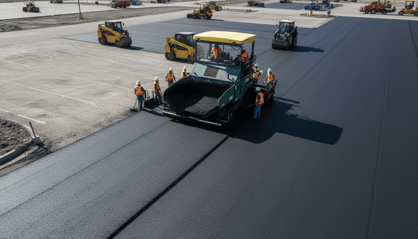 Crew laying asphalt on a commercial parking lot with roller in background