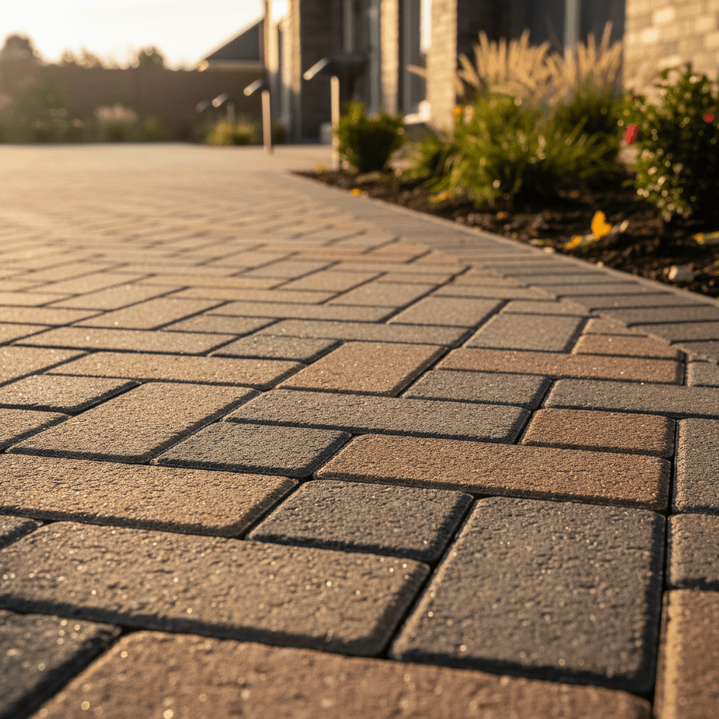 Close-up of interlocking brick paving pattern on a walkway