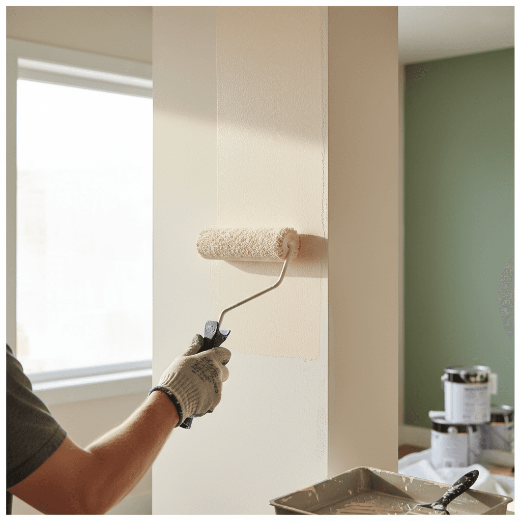 Professional painter using a roller on the exterior wall of a house.
