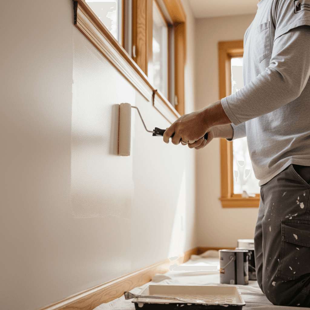 Professional painter applying fresh paint to an exterior wall with a roller