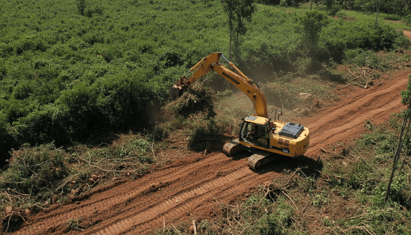 Site clearance with excavator and dump truck