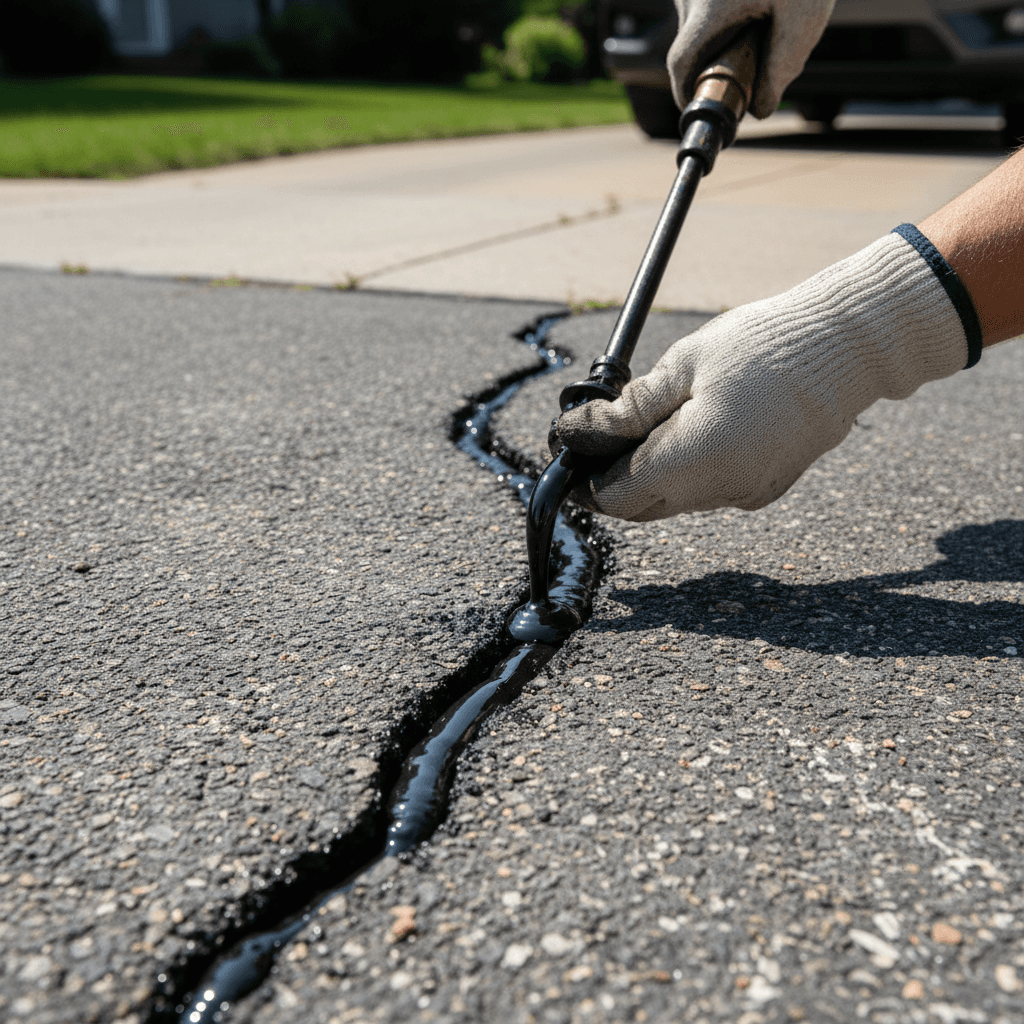 Close up of steaming fresh tar on a paved driveway