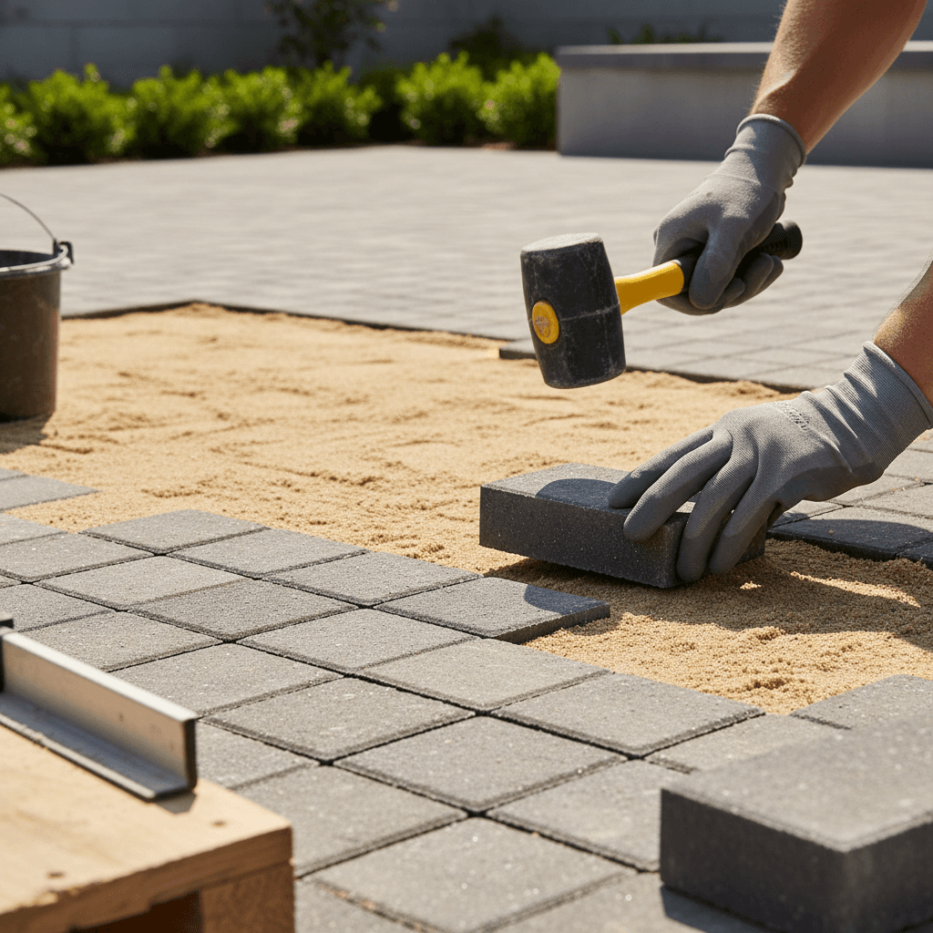 Brick paving installation in progress on a commercial parking lot