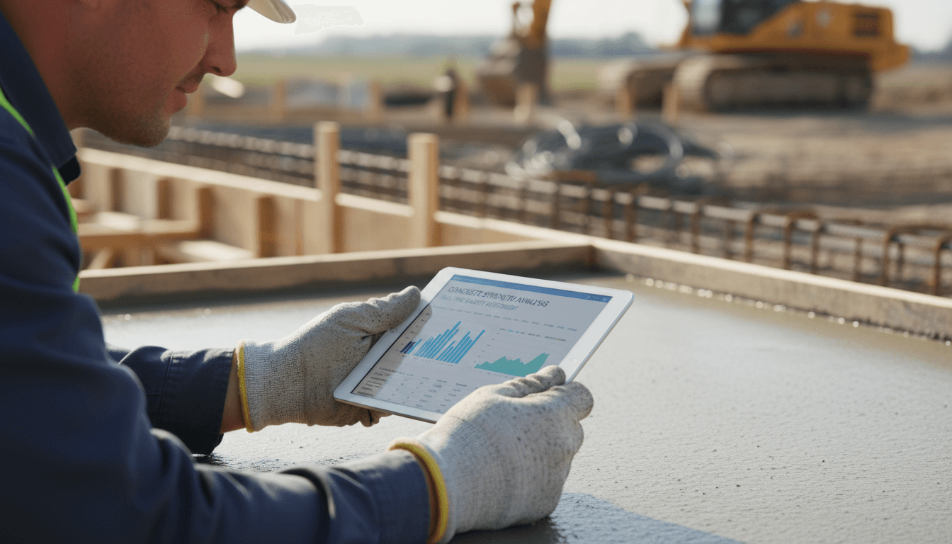 Construction worker talking on phone with paving equipment visible in background at a job site