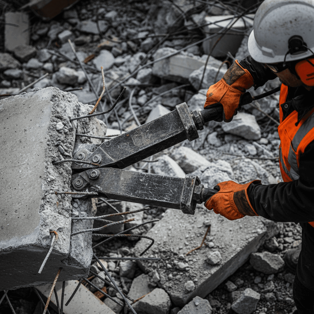 Construction worker operating a bobcat to clear rubble from a building site