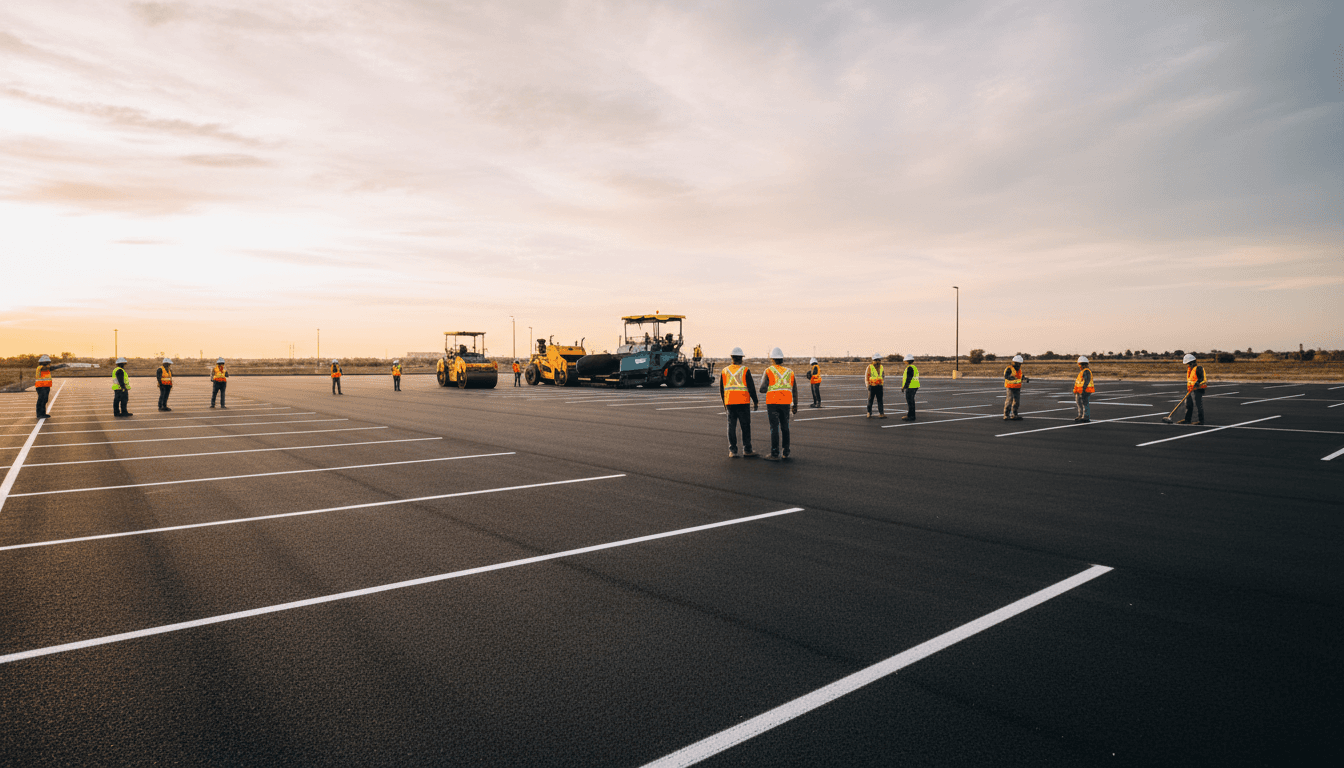 Commercial tar paving truck on parking lot
